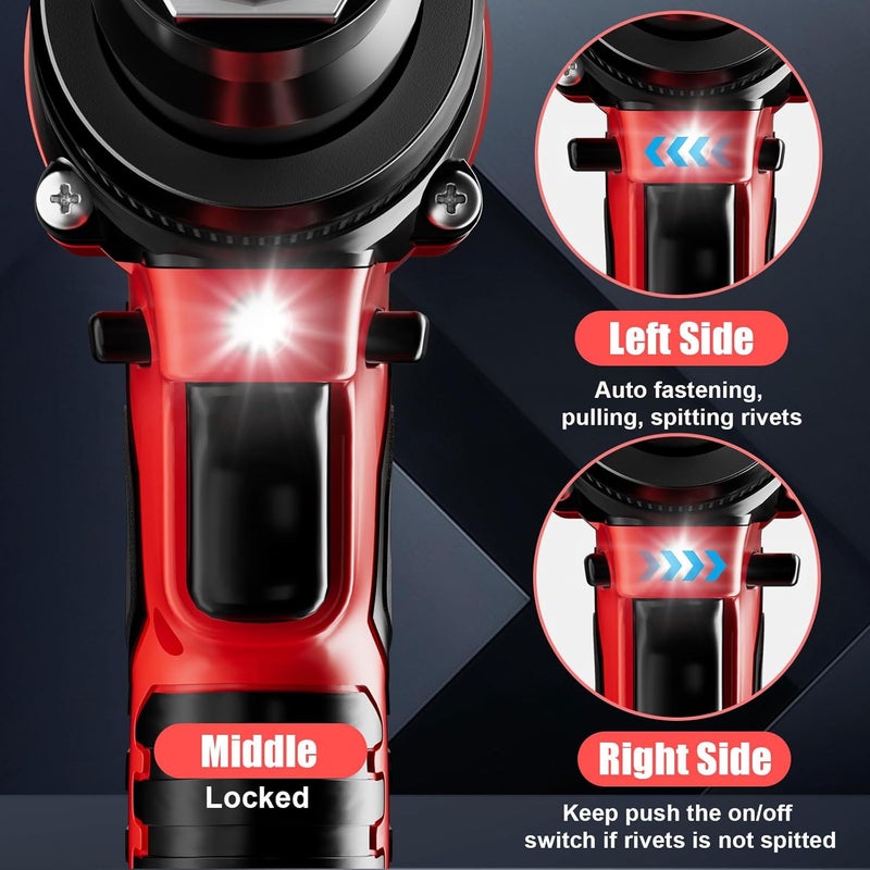 Cerycose Rivet Gun Compatible with Milwaukee 18V Battery, Cordless Rivet Tool with 3 Size (1/8", 5/32", 3/16") Aluminum Rivets, Brushless Motor Rivet Gun Kit Nose Piece, Led Light, Tool Only - Image 3